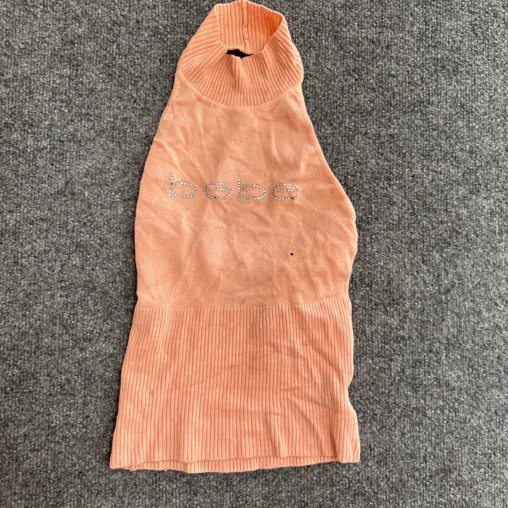 Bebe Halter Top Womens Size S Peach Rhinestone Logo Backless Ribbed Knit USA